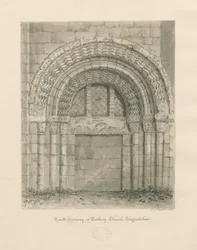 Tutbury Priory Church - South Doorway: sepiatvättteckning, 1812