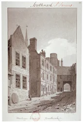 Utsikt mot porten till Montague House, Southwark, London, 1827
