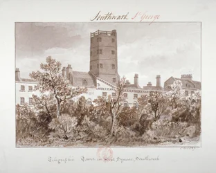 Utsikt över det telegrafiska tornet på West Square, Southwark, London, 1827