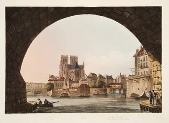 Bron över Hotel Dieu och kyrkan Notre Dame, illustration från Versailles, Paris och Saint Denis, pub. 1805 (akvatint)