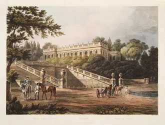Chateau of Trianon, illustration från Versailles, Paris och Saint Denis, pub. 1805 (akvatint)