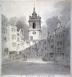 Church of St Giles utan Cripplegate från Fore Street, City of London, 1790.