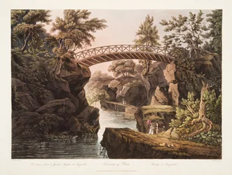 Environs of Paris, Bridge at Bagatelle, illustration från Versailles, Paris och Saint Denis, pub. 1809 (akvatint)