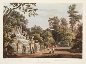 Grand Trianon, fontän i trädgården, illustration från Versailles, Paris och Saint Denis, pub. 1805 (akvatint)