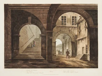 Interiör av Chatelet, del av kajen i Feraille, illustration från Versailles, Paris och Saint Denis, pub. 1809 (akvatint)