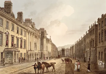 Milsom Street, från "Bath Illustrated by a Series of Views", graverad av John Hill (1770-1850), utgiven av William Miller, 1805 (akvatint).