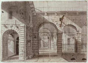 Newgate Prison Courtyard (bläck och tvätt på papper)