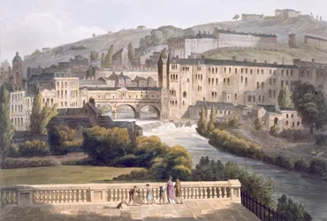 Pulteney Bridge, från "Bath Illustrated by a Series of Views", graverad av John Hill, pub. av William Miller, 1806 (akvatint)
