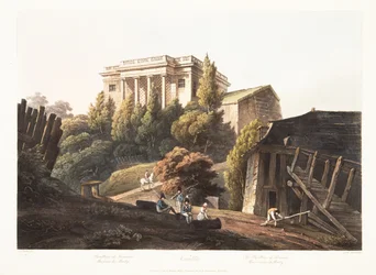 Versailles, Luciennes paviljong, Marly vattenverk, illustration från Versailles, Paris och Saint Denis, pub. 1806 (akvatint)