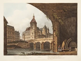Utsikt över Pont-au-Change, Tour de lHorloge och Conciergerie, illustration från Versailles, Paris och Saint Denis, pub. 1807 (akvatint)