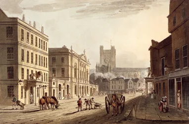 Vy över stadshuset, marknaden och Abbey Church, från "Bath Illustrated by a Series of Views", graverat av John Hill (1770-1850) pub. av William Miller, 1804 (akvatint)