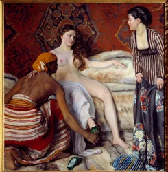 Orientalism: "" Toaletten"" En ung vit kvinna assisterad av sina två jungfrur har sin toalett. Målning av Frederic Bazille (1841-1870) 1869 sön. 1,32x1,27 m Montpellier, Musee Fabre
