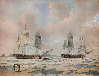 "Skeppen från Lord Mulgraves upptäcktsexpedition inbäddade i is i polarområdena", 1774