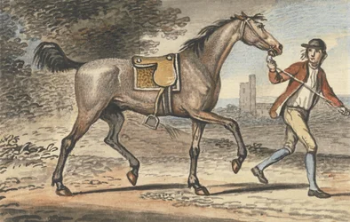 Stallpojke som leder en travhäst i ett landskap med ett slottstorn (wc på papper)