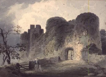 Ingången till Carisbrooke Castle, med en ungdom och ett lamm som står nära en port