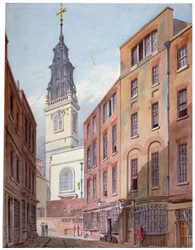 Church of St Michael, Crooked Lane och en del av Crooked Lane, City of London, c1815.