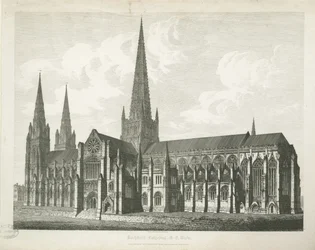 Lichfield Cathedral - South East View: gravyr, nd [c 1823] (tryck)