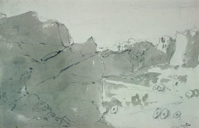 Ett stenbrott för kvarnstenar i Derbyshire, 1801 (blyerts och sepiatvätt på papper)