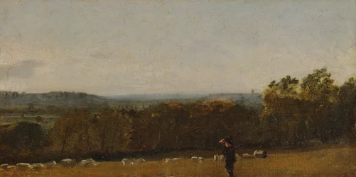 En herde i ett landskap som tittar över Dedham Vale mot Langham, ca. 1811.
