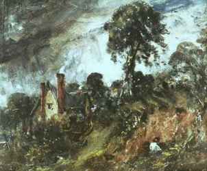 Stuga bland träd med sandbank, ca 1830-36