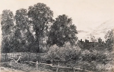 Landskap med almträd och ett hus (grafit på papper)