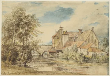 Gamla hus på Harnham Bridge, Salisbury med Ancient Hospital of Saint Nicholas, 1827