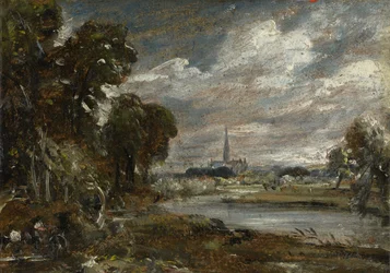 Salisbury Cathedral från floden Nadder, ca 1829