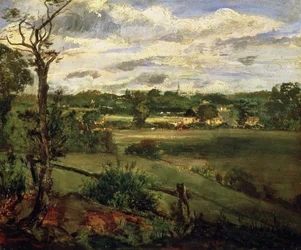 Utsikt över Highgate från Hampstead Heath, ca 1834 (olja på kartong)