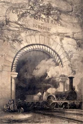 Acheron 2-2-2 lokomotiv som kommer från en tunnel nära Bristol, frontispice till The History and Description of the Great Western Railway, 1846