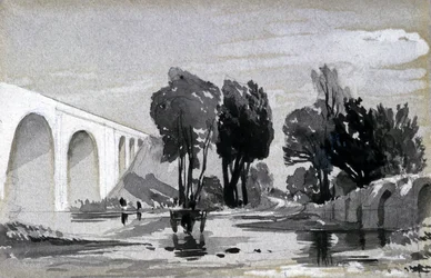 Blythe Viaduct, Hampton-in-Arden, ca 1838 (penna & bläck och tvätt på papper)