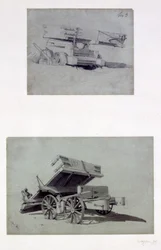 Två exempel på entreprenörer som tippar vagnar, 1830-tal (penna & bläck och tvätt på papper)