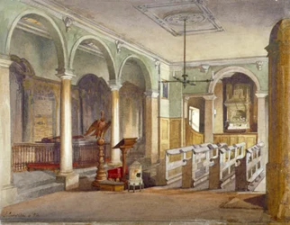 Inre av kapellet vid Emanuel Hospitals almshouses, Buckingham Gate, Westminster, London, 1886