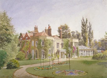 Främre ingången och trädgården vid Raleigh House, Brixton Hill, Lambeth, London, 1887