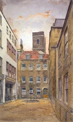 Tower of the Church of St Matthew, Friday Street sett från Fountain Court, London, 1882