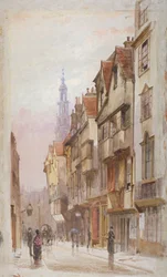Utsikt över Wych Street, Westminster, österut från New Inn gateway, London, c1880