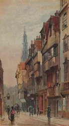 Utsikt över Wych Street, Westminster, österut från New Inn gateway, London, c1880