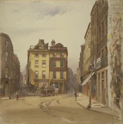 Vy över Wych Street och Holywell Street i Westminster med Rising Sun Tavern, 1881 (wc på papper)