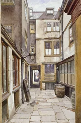 Utsikt över domstolen som leder till Adelphi Club, Westminster, London, 1887