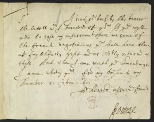 Cotton Julius C. III, f.153 Autografbrev från John Donne till Sir Robert Cotton, skrivet från fängelset, 20 februari 1601 (bläck på papper)
