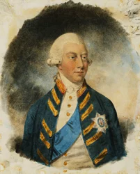 Porträtt av kung George III, liten halvlängd, iklädd Windsor-uniform och Ribbon and Star of the Garter, 1787