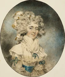 Porträtt av Mrs. Fisher, halvlängd, i en vit klänning prydd med blå band, 1788