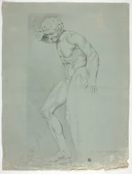 Antik staty av stående faun med cymbaler