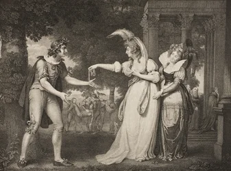 Gräsmatta framför hertigens palats, akt I, scen II, från "As You Like It", från The Boydell Shakespeare Gallery, publicerad i slutet av 1800-talet