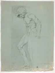 Antik staty av stående faun med cymbaler