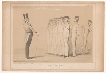 Spotprent träffade premier Peel als militaire instructeur Borren. Avvisa - som du var (stadig där i den bakre rangen.) (titel på objekt) HB Sketches (serietitel på objekt)