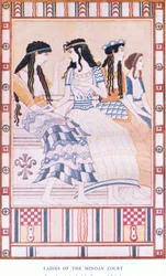 Ladies of the Minoan Court, illustration från Myths of Crete och Pre-Helenic Europe pub. av Gresham Publishing Company Limited 1920-talet (lito i färg)