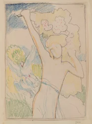 Utan titel [Kvinnofigur och duvor] (penna)