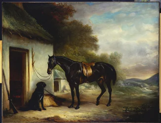 Mr. Stuarts favoritjägare, Vagabond och hans flatcoated retriever, Nell, vid en stugdörr, 1867