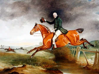 Porträtt av George Marriott på sin bay hunter som tar ett staket med en jakt bakom sig.