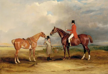 Porträtt av John Drummond på en jägare med en brudgum som håller sin andra häst, i ett landskap, ett jaktsällskap bortom, 1831